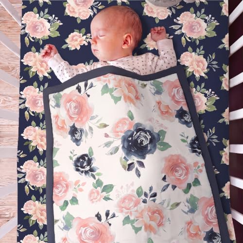 Image of Hahafelt 3 Pcs Pink Floral Baby Crib Bedding Set Navy Blue Elegant Botanical Decor for Infant Bed with Flowers Print Includes Quilt, Fitted Sheet, Skirt for Baby Girl Gifts