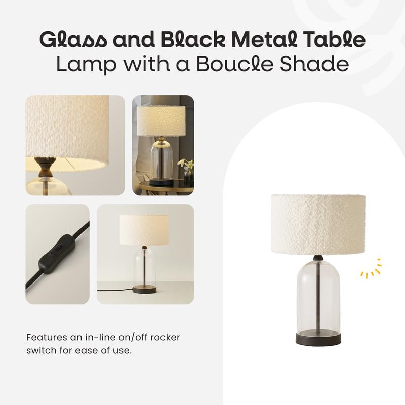ValueLights | Glass and Black Metal Bedside Table Lamp with a Cream Boucle Lampshade + LED Bulb | Home Décor, Bedside & Desk Lamp | Includes Bulb - Image 3