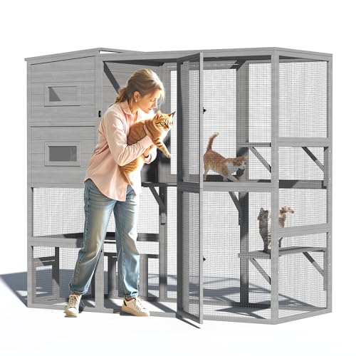 TIMHAKA Catio Outdoor Cat Enclosure, Large 4 Tiers Cat Catio Connect to Window for Outdoor Indoor Cats with Weatherproof Roof, 3 Resting Rooms, 3 Platforms, 2 Large Door, 76' L x 32.9' W x 70.8' H