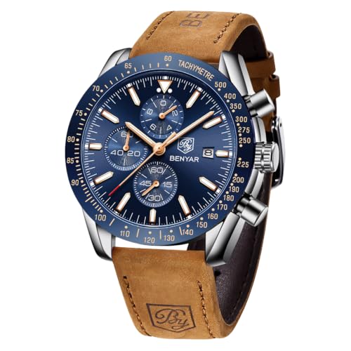 Image of BENYAR Mens Watches Quartz Movement Chronograph Leather Strap Fashion Business Sport Design 30M Waterproof Scratch Resistant Elegant Gifts for Men