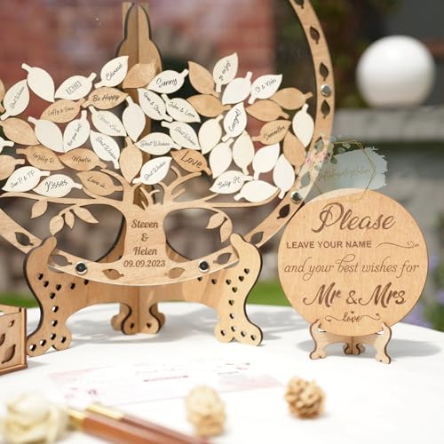 Image of Green Tree Wedding Guest Book Alternative with Signing Leaves Drop Box | Personalized rustic sage wooden frame guestbook set with stand and marker for wedding reception, bridal shower decor