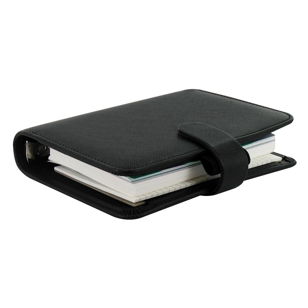 Filofax Agenda settimanale 2025 in saffiano, formato tascabile, colore nero, effetto pelle, 6 anelli, visualizzazione settimanale, multilingue, C022468-25