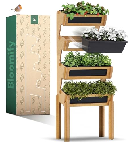 Bloomify Vertikalbeet mit 4 Etagen aus Birkenholz Aufbau ohne Schrauben 4 rausnehmbare Pflanzkästen 64×33×146 cm schmales vertikales Hochbeet für Balkon Terasse & Garten