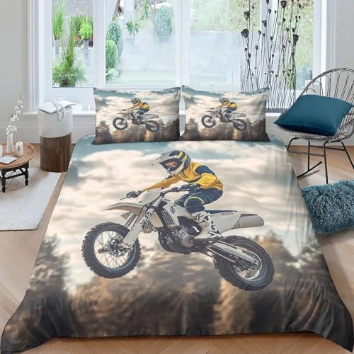 Funda Nordica Cama 80/90 Motocross Ropa de Cama 3D Deportes Extremos Microfibra Suave 3 Piezas Include 1 Fundas Nórdica 135x200 cm y 2 Fundas de Almohada 50x75cm C-2228