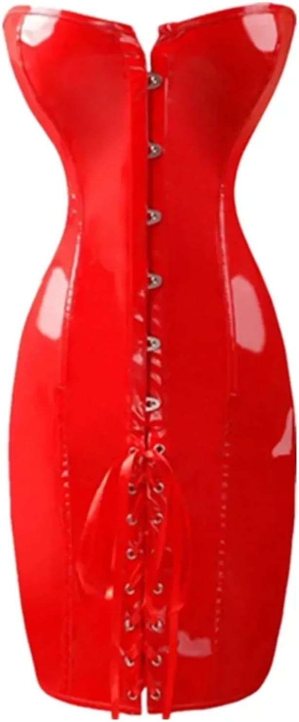 Punk over chest corset women's shiny PU leather long torso tight skirt(Red,XXL)