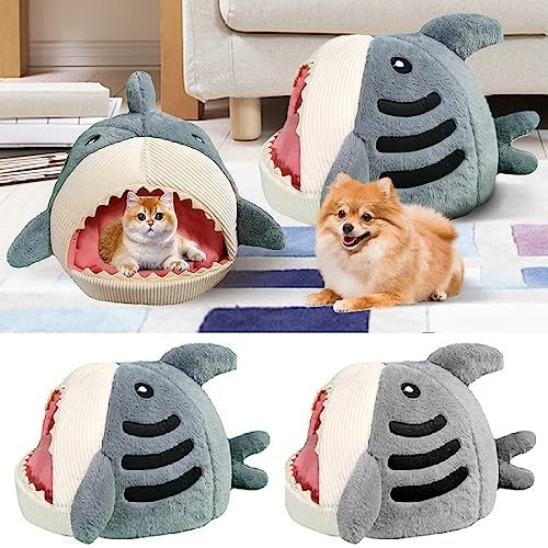 Souarts Hai Shark Katzenhöhle Katzenbett Flauschig, Kuschelhöhle für Katzen Kätzchen Hund Kaninchen, Katzenschlafplatz Katzenbett Flauschig für Drinnen (M, Blau)