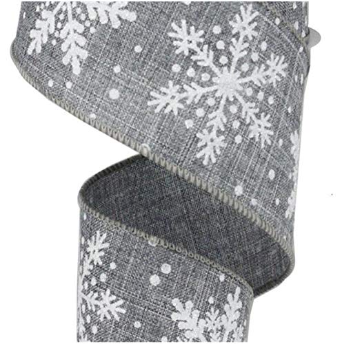 Glittered Snowflake Wired Edge Ribbon - 10 Yards (Grey, White, 2.5