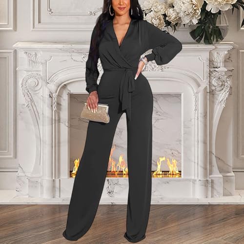 Image of shengfan Formal Jumpsuits for Women Dressy Evening Sexy Deep V Neck Plus Size Long Wide Leg Pants Rompers Clubwear