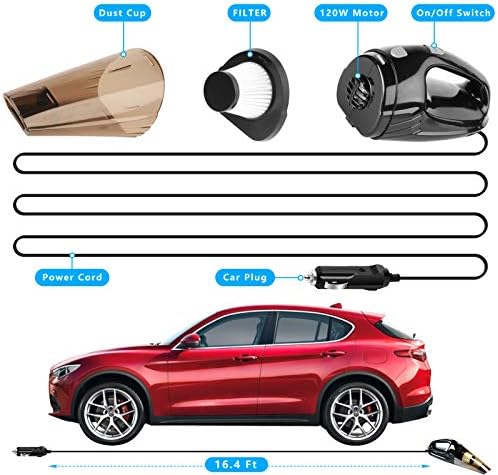 Seller photo: Car Vacuum, ANKO DC 12V 120W High Power Portable Handheld Car Vacuum Cleaner, Strong Suction, Wet & Dry Use, Quick Cleaning, with 15ft Power Cord, 2 Filters & Carry Bag- Black