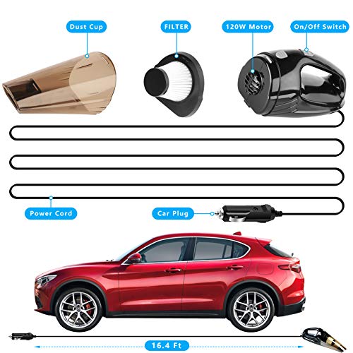 Car Vacuum, ANKO DC 12V 120W High Power Portable Handheld Car Vacuum Cleaner, Strong Suction, Wet & Dry Use, Quick Cleaning, with 15ft Power Cord, 2 Filters & Carry Bag- Black