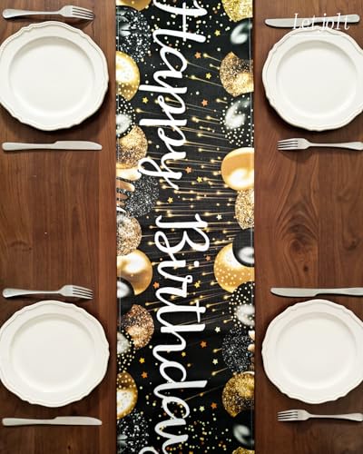Image of Letjolt Happy Birthday Table Runner, Black and Gold, 72 Inches (Pack of 2)