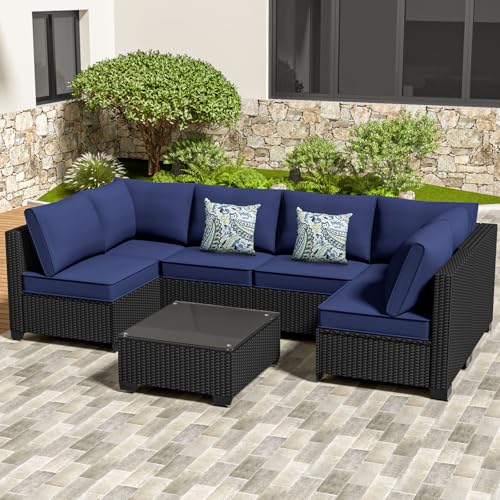 OSGMMOSG 7 Piece Modular Outdoor Patio Sectional Furniture Set, U-Shaped PE Rattan Wicker Couch & Sofa with Tempered Glass Coffee Table, 450 lb Capacity