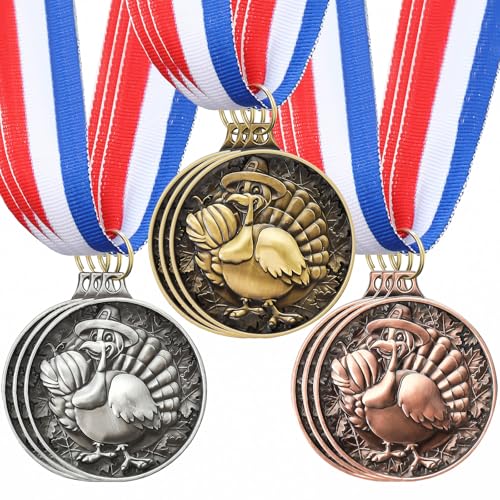 Loetere 9 Pcs 5/9/24 Pcs Thanksgiving Turkey Medals with Neck Ribbons 2 Inch Turkey Trot Awards for Thanksgiving Prizes Medals Fall Holiday Party Supply (Gold,Silver,Bronze)