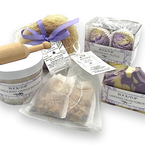 Product Image of the Rock the Top USA Made | 6 Lavender Self Care Gifts for Women, Bath Bombs (Truffles), Plant Based Dry Brush Body Brush Loofah, Epsom Salt Bath Soak, Handmade Soap, Herbal Bath Tea, Self Care Gift Box.