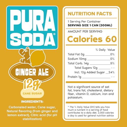 Image of PuraSoda Ginger Ale - 12g Pure Cane Sugar Soda, 10 Fl Oz, Pack of 12 | Real Ginger Extract, Non-Gmo Vegan, No Stevia Or Artificial Sweeteners, 12g Cane Sugar, 10 Fl Oz Cans