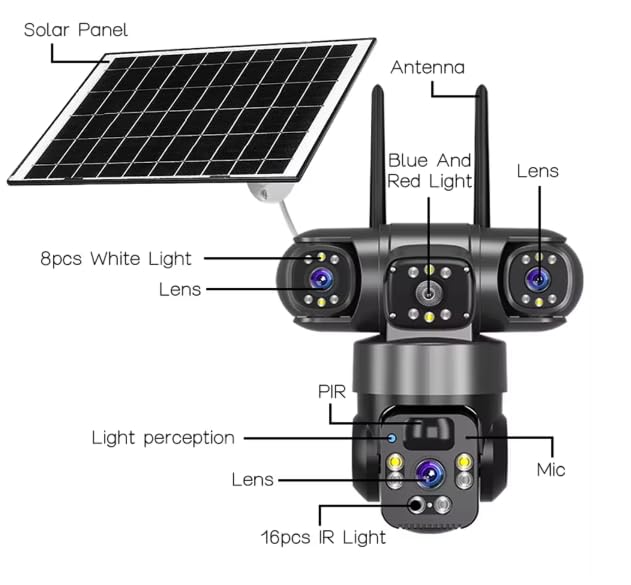 Image of DDLC 4G Solar Triple Lens 12MP Outdoor CCTV Camera | 3-Screen View | Manual Side Rotation | Auto Tracking | Human Detection |Two-Way Audio | Multi-User Access (3 Lens Solar Penal)