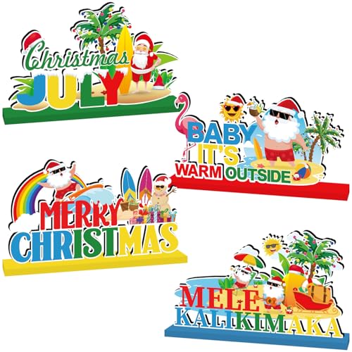 Image of 4pcs Summer Christmas Decorations Wood Table Centerpieces Baby It's Warm Outside Merry Christmas Party Table Decorations Mele Kalikimaka Santa Claus Style Tabletopper
