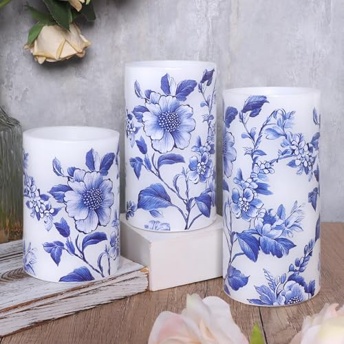 Image of Crystal Club Chinoiserie Decor Flameless Candles Blue and White Porcelain Floral Battery Operated LED Pillar Candles with Remote & Timer Real Wax Candles Floral Decor for Home Wedding Centerpiece