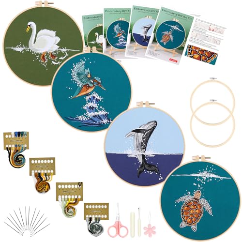 Image of Picoey Embroidery Kit for Beginners with Animal Pattern and Instructions,4 Pack Cross Stitch Kits,2 Wooden Embroidery Hoops,Threads and Needles,Needlepoint Kit