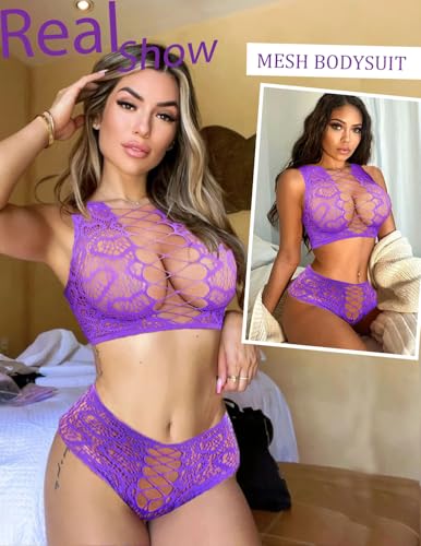 Image of Avidlove Womens Fishnet Lingerie Set Sexy Two Piece Lingeries Hollow Out Stripper Outfit Heart Print Mesh Crop Tops