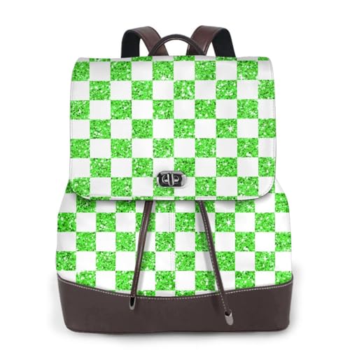 Glitter Green White Checkered Chessboard Flag Lightweight Daypack Bag Microfiber PU Leather Backpack for Travel Business Commute Gym
