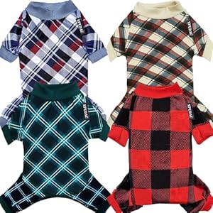XPUDAC 4 Pack Dog Pajamas for Small Dogs Cats Plaid Dog Clothes Puppy Onesies Dog Christmas Pajamas Puppy Jumpsuits Pet Pjs Shirt Apparel (Large（12-18 LBs）, Red Green Beige Grey)