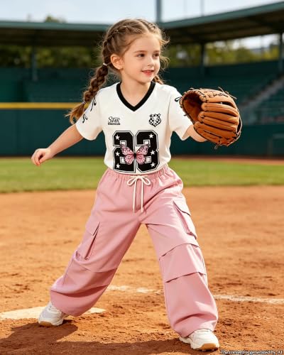 Image of Betusline Girls 2 Piece Summer Outfits,Kids Casual Short Sleeve Crop Top & Cargo Jogger Pants Sets,4T-14Y