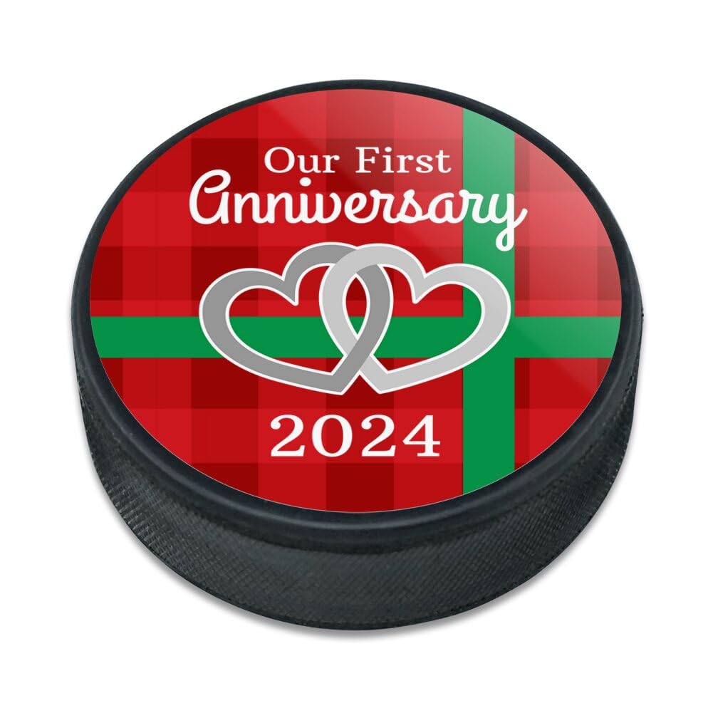 Our First Anniversary Hearts Red Plaid Green Bow 2024 Ice Hockey Puck