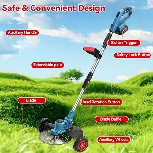 Image of 20000 RPM Electric Weed Wacker with Wheel,12″ Brushless Cordless Weed Eater Battery Powered, String Trimmer /Brush Cutter /Grass Trimmer /Lawn Mower, Edger Weed Trimmer for Garden Yard Tool
