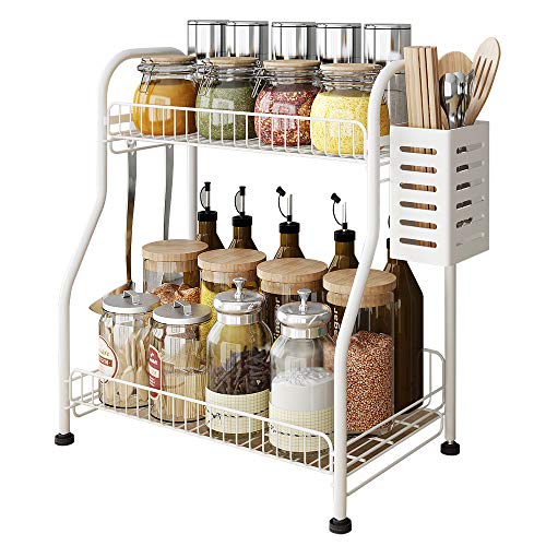 Spice Rack Organizer with Rectangle Chopstick Basket 2-Tier Bathroom Shelf Organizer with 3 Hooks Kitchen Rack Organizer for Spice Can Sauce Jars Bottle White Steel