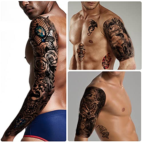 46 Sheets Full Arm Skull Temporary Tattoos For Men Half Arm Shoulder Angel Tattoo For Ladies Fake Waterproof Wolf Lion Stone Tattoo Stickers For Adult Or Kids #TOP3