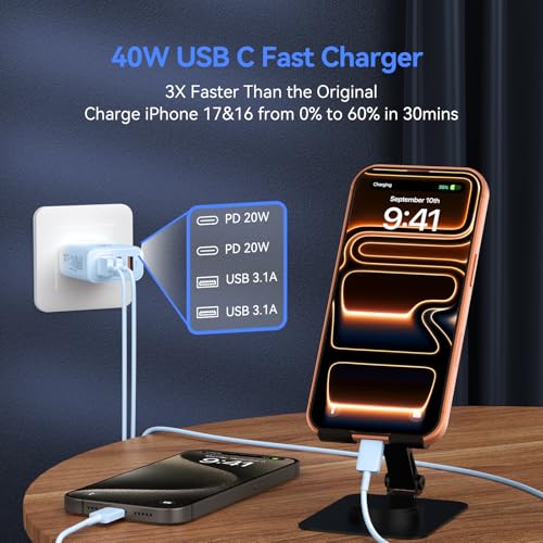Image of Duloch USB C Wall Fast Charger Block, 40W 4-Port Type C Chargers Fast Charging Blocks for Phone 17 /16 /15 /14 /13 /12 Pro Max, Pad, Galaxy S24 /23-2Pack Gradient Blue