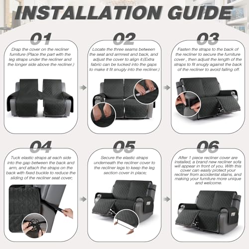 Image of TAOCOCO 100% Waterproof Recliner Covers, Recliner Sofa Covers with Leg Straps, Reversible Recliner Couch Cover for Reclining Chair, Washable Couch Protector for Pets Kids(2 Seater, Charcoal Gray)