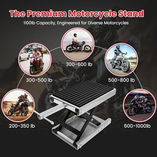 Image of 1300 LBS Motorcycle Jack, Thickened 0.48 inch Rubber Pad Motorcycle Lift, Upgraded Anti-Slip Bottom Dirtbike Stand, Carbon Steel Motorcycle Center Stand with Wide Deck, Chain Brush, T-Handle for ATV Gray