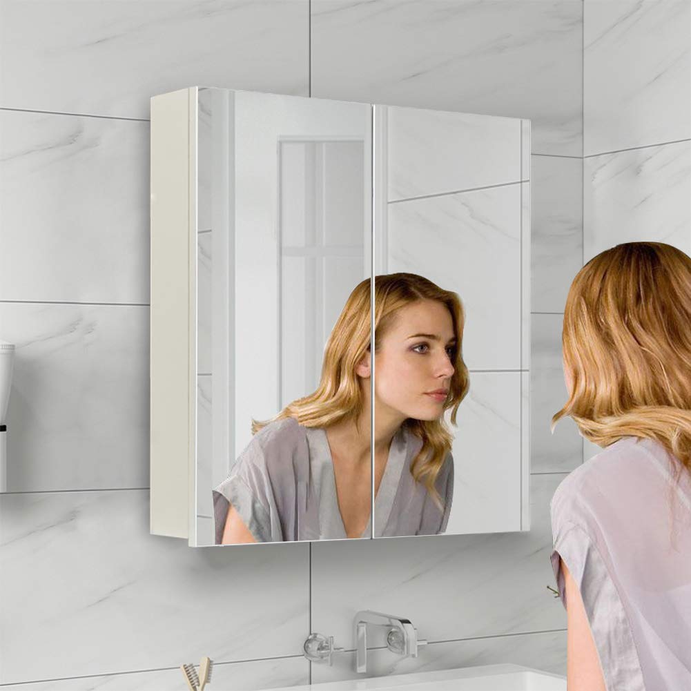 TUKAILAi Armario con Espejo de baño de 2 Puertas con Estante Ajustable, montado en la Pared, Armario de baño con Doble Espejo, Estante Organizador de Madera, Armario para baño