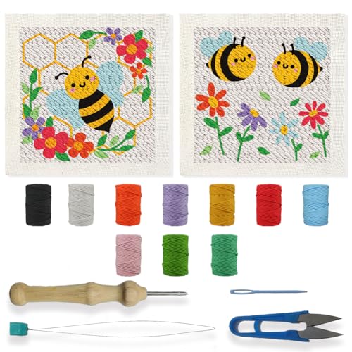 Image of BEUNITONE 2 Sets DIY Punch Needle Kits for Beginners,Bee Pre-Printed Pattern,Embroidery Punch Needle Starter Kits for Adults,Includes Pre-Printed Cloth,Yarns,Hoops,Threader and Instructions