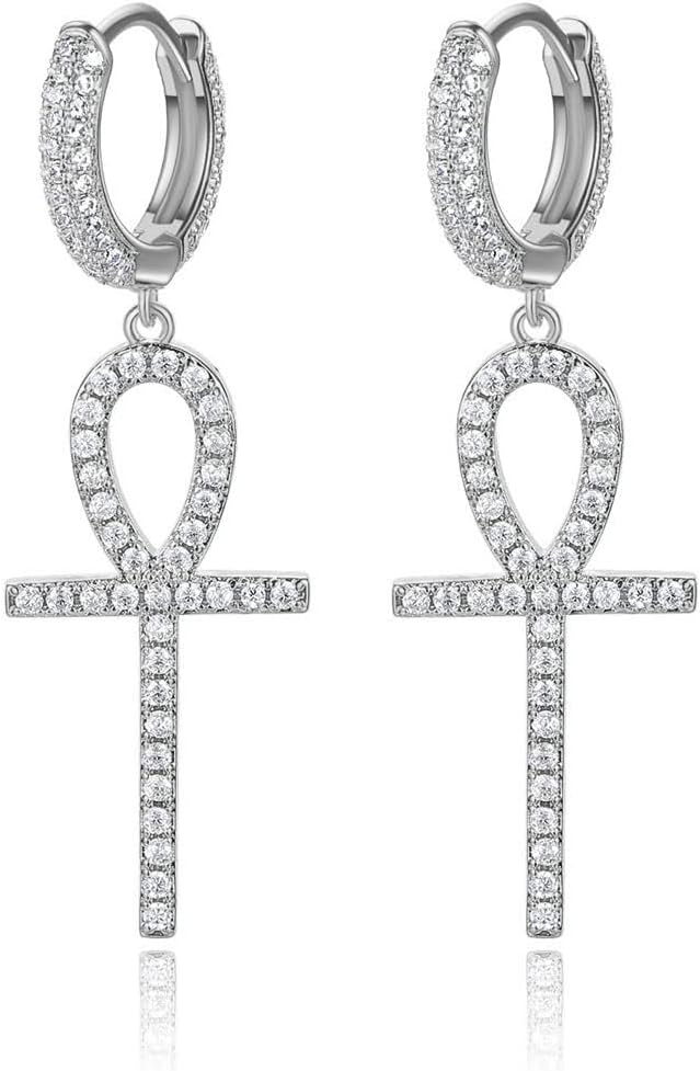 14K Gold Over S925 Silver Ankh Drop Earrings for Women, Moissanite Egyptian Symbol Earrings,Mother's Day Gift for Mother Wife