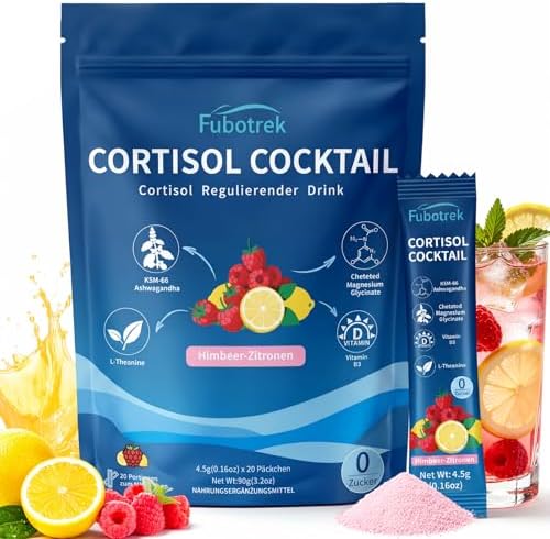 Cortisol Cocktail Pulver, 20 Stücks Cortisol Senken Pulver zum Abnehmen mit L-Theanin, Ashwagandha, Magnesiumglycinat & Vitamin D3,Für weniger Stress, mehr Fokus & Wohlbefinden-Him