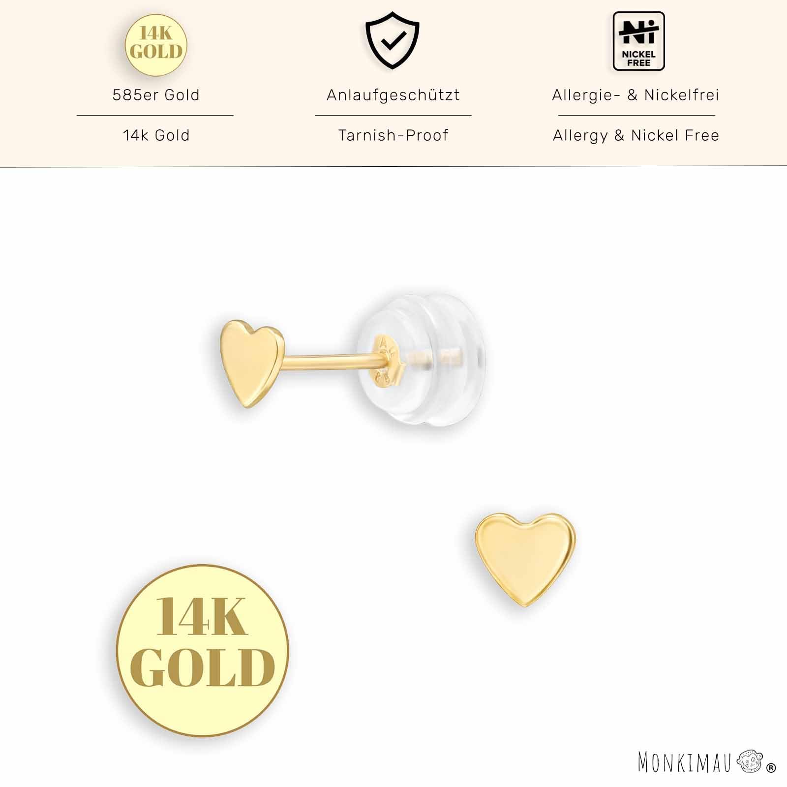 Monkimau Feingold Herz Ohrstecker 3.5mm | 14k Gold Ohrstecker für Damen, Mädchen und Kinder 585 Gold | Echtgold Schmuck Geschenk