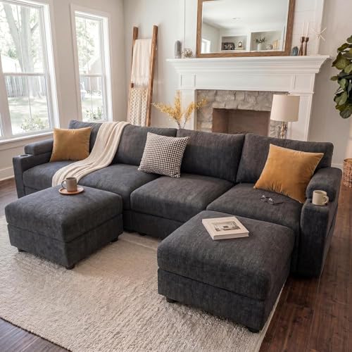 Image of Sectional Couches for Living Room FSC Certified Chenille Modular Couch Oversized Cloud U Shaped Convertible Sleeper Sofa Chaise Detachable Armrest Cushion (Chenille Grey, U Shape 6 Seat)