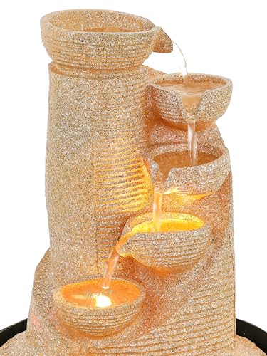 Image of CHRONIKLE Polyresin Sand Designer Table Top Indoor 5 Artistic Steps Waterfall Fountain with Yellow LED Lights & Water Flow Controller Pump (Size: 41 x 25 x 25 CM | Weight: 1980 gram | Color: Sand)