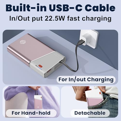 Image of Aaoyun Portable Charger Power Bank, 20000mAh 22.5W PD Fast Charging Powerbank with Built-in USB C Cable, External Phone Battery Pack for iPhone 17 /16 /15 Samsung S24 Android etc, Pink