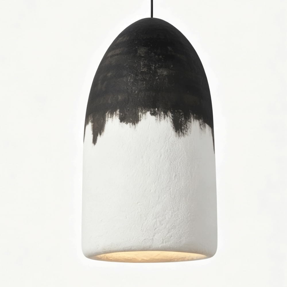 ESIYUVO Minimalist Bell Pendant Light Black White Gradient Hanging Lamp Handmade Polystyrene Lighting Fixture for Bedside Adjustable Height Chandelier E27 for Bedroom Dining Room Kitchen Island