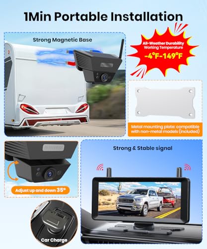Image of AUTO VOX Wireless Backup Camera Solar Magnetic, 7.2 inch DVR 1080P Monitor | 2 Split Recording, Dual Antenna Stable Signal, IP69K, 1-Min Install, HD IR Night Vision for Truck,Trailer,RV,Camper