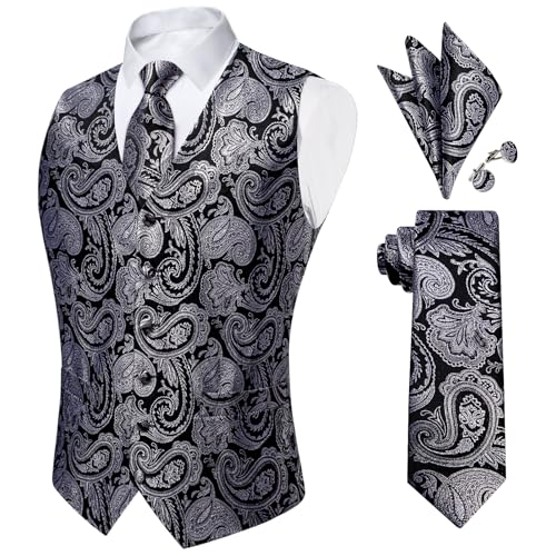Image of DiBanGu Mens Paisley Vest Silk Sleeveless Suit Vest and Neck Tie Pocket Square Cufflinks Set for Wedding Formal