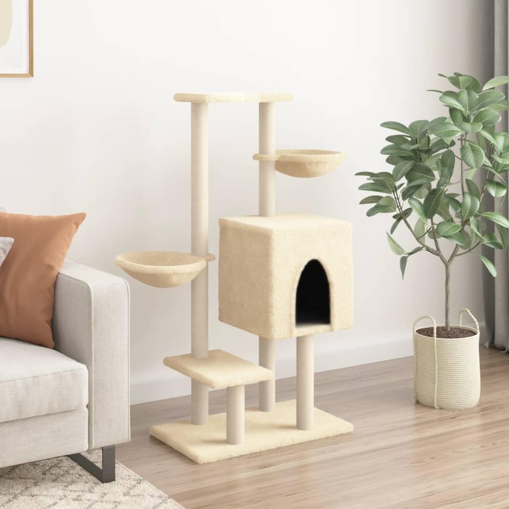Kratzbaum Mit Sisal-Kratzsäulen Creme 117 cm | Alles-in-einem-Katzenturm, Katzenhöhle Mit 2 Körben, Weicher Plüschbezug, Liegeflächen