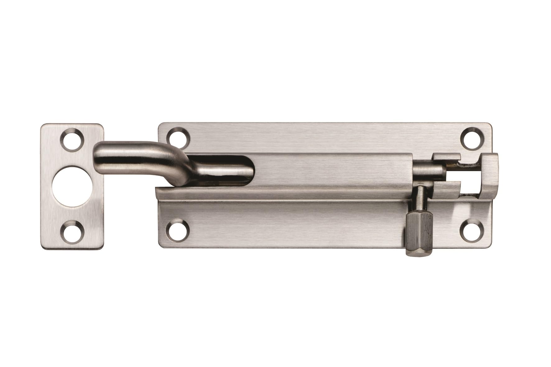 Kooples Hardware Cranked Barrel Bolt Lock – Heavy Duty Steel Slide Latch for Doors, Gates, Cabinets – Surface Mount Security Catch with Screws (Satin Stainless Steel, 100 x 38mm)