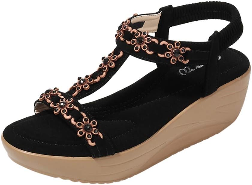 LinkaySandals Women Girls Summer Bohemia Crystal Wedges Sandals Beach Flops Flip Casual Shoes 2020 (Black, 38)