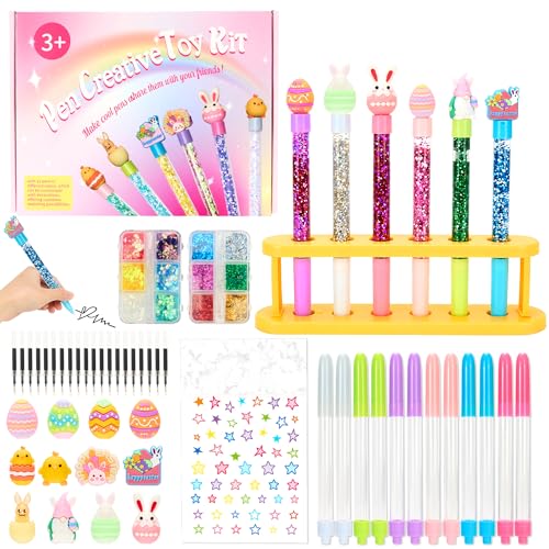 Rilcn Easter DIY Pen Making Kit for Girls, 50 PCS Easter Glitter Floaty Pens Craft Set, Makes 12 Sparkly Pens, Birthday Easter Gifts for Kids Tweens Ages 6 7 8 9 10 11 12