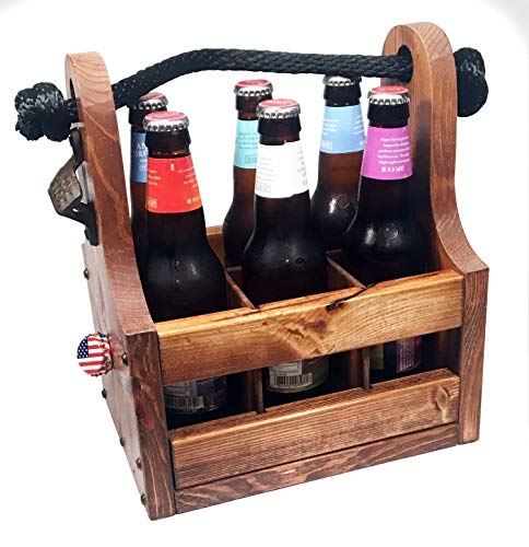 Wooden Beer Bottle Caddy - Handcrafted Solid Wood 6 Pack Carrier With Rustic Cast Iron Bottle Opener And Magnetic Cap Catch. Personalized Gift Perfect For Christmas, Birthdays New Years And More #TOP1